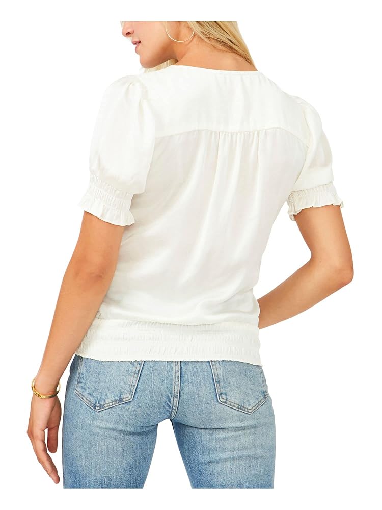 Vince Camuto Womens Ivory Smocked Silk Short Sleeve V Neck